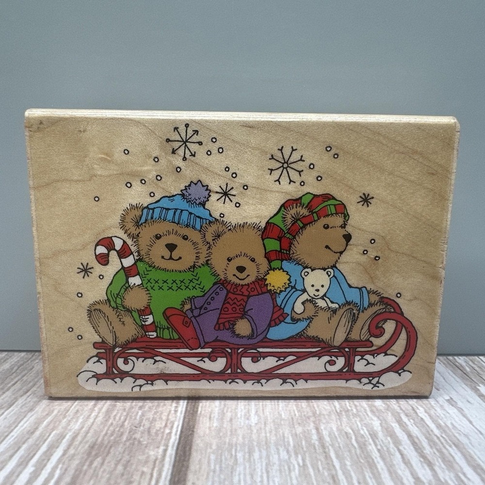 Vintage‎ Hero Arts Bear Family Snow Winter Sled Rubber Stamp